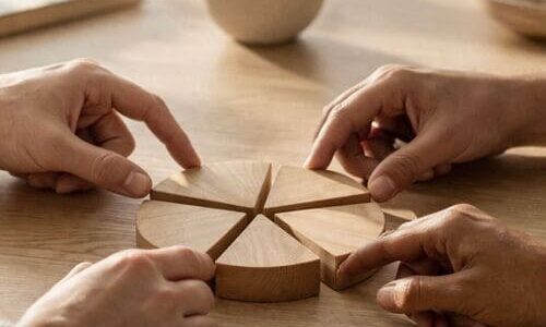 Photo de jeu en bois en camembert représentant une indivision